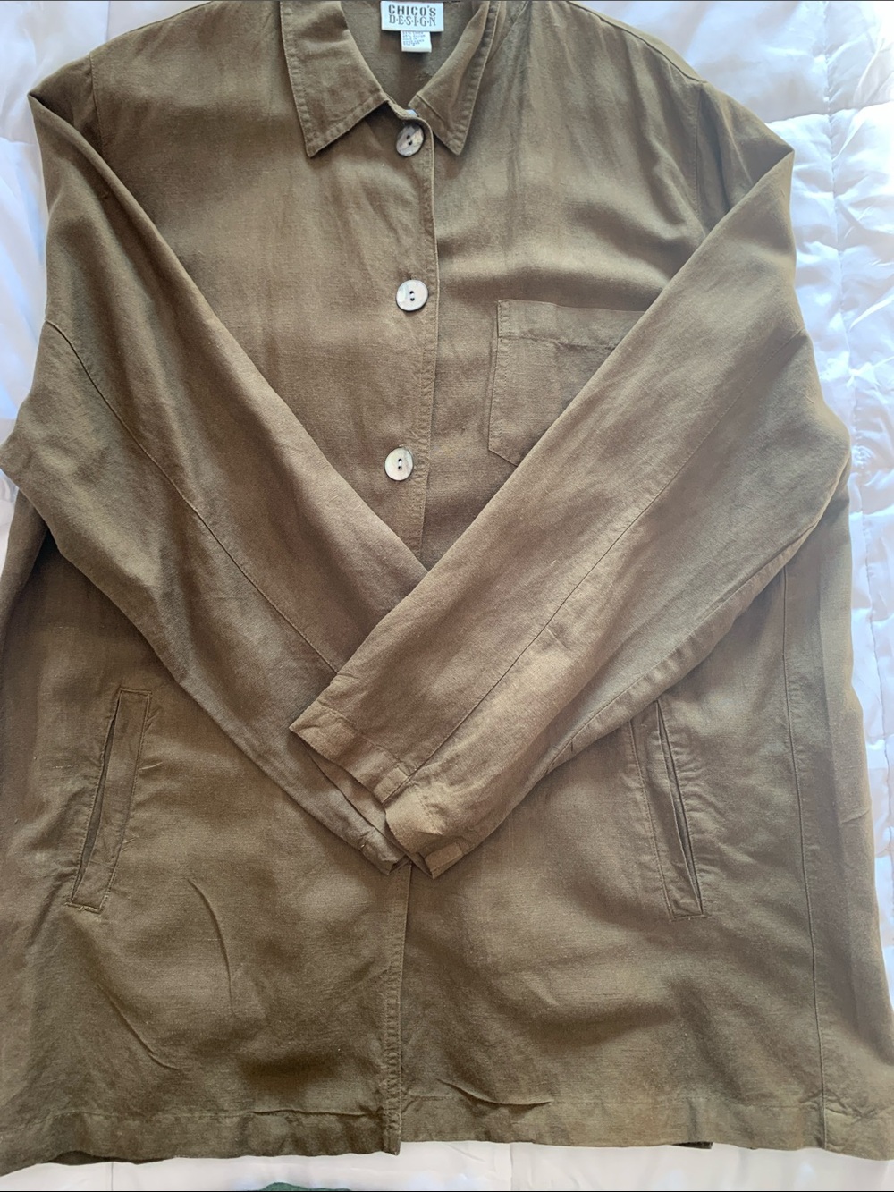 Chico's Deep Olive Green Linen Blend Button-Front Tunic Long Sleeve with Pockets